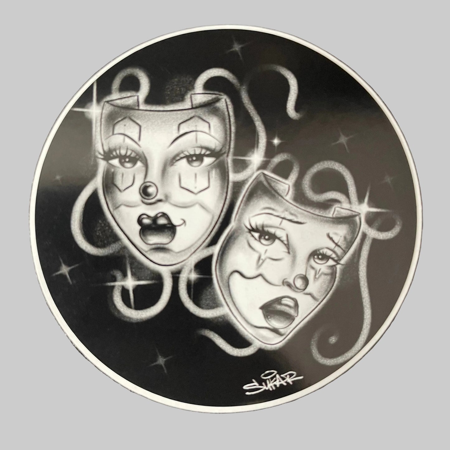 Black and white illustration of theatrical masks on a textured black background