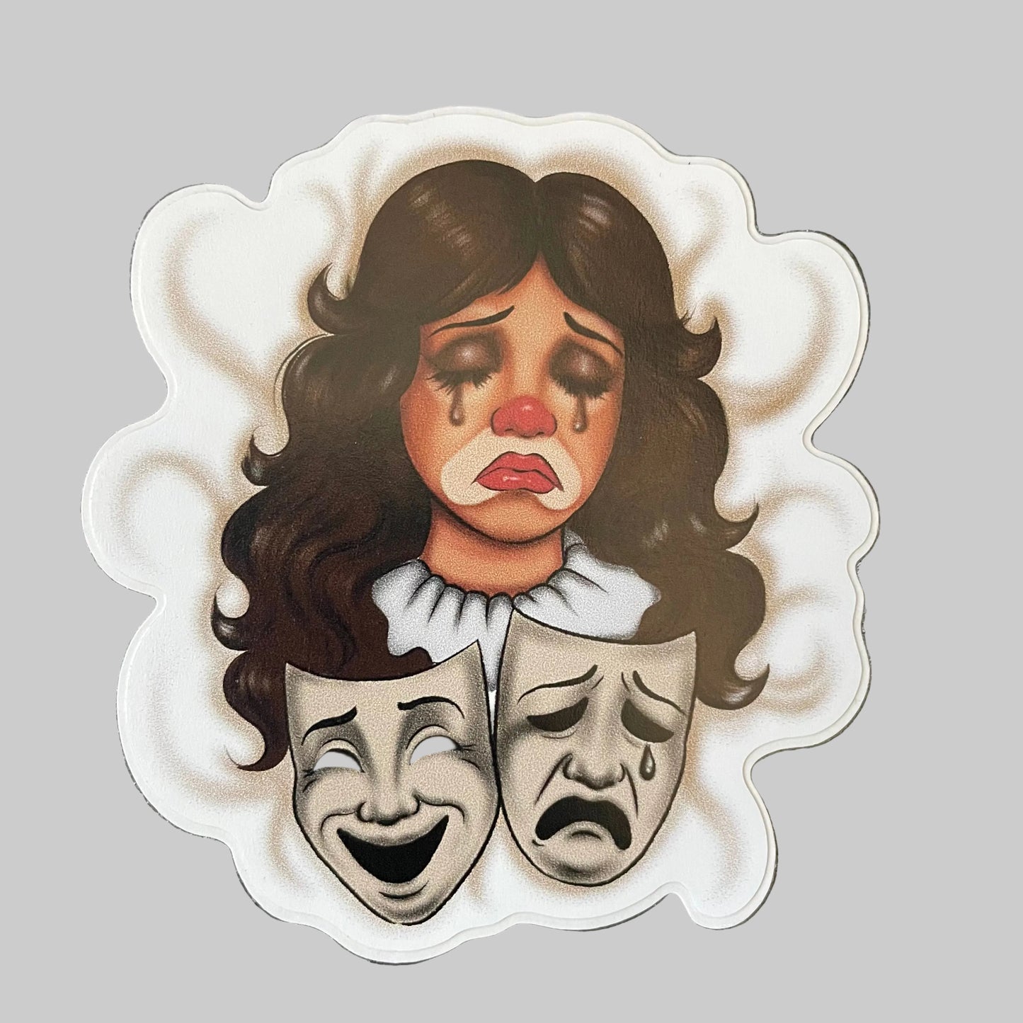 Sticker with a character with theatrical masks on a black background