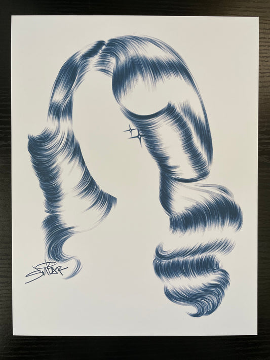 Blue abstract brushstroke design on a white background. Old School  Hair design