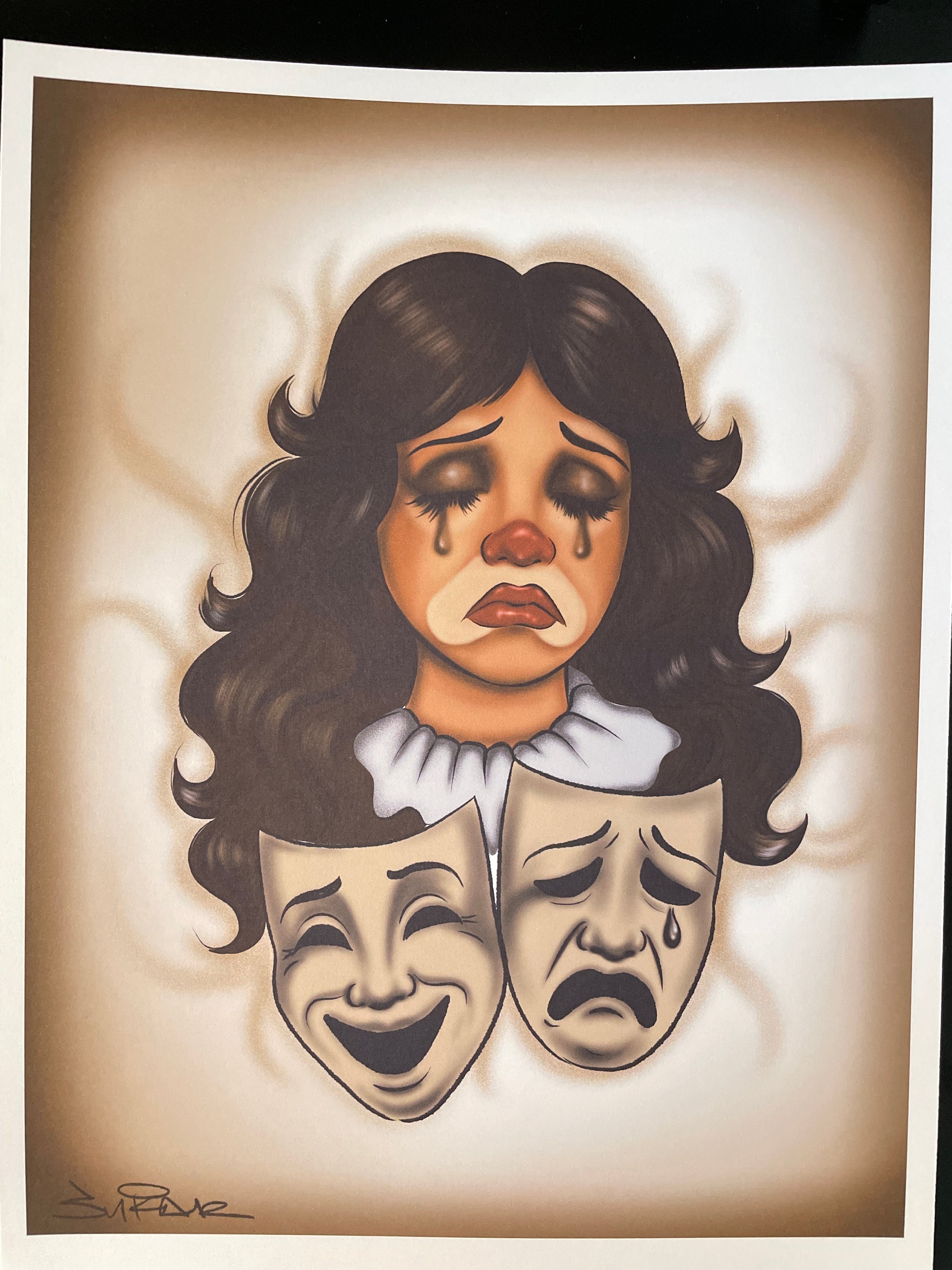 Chicana style clown (payasa) with smile now cry later faces. representing pushing thru the good and the bad. 