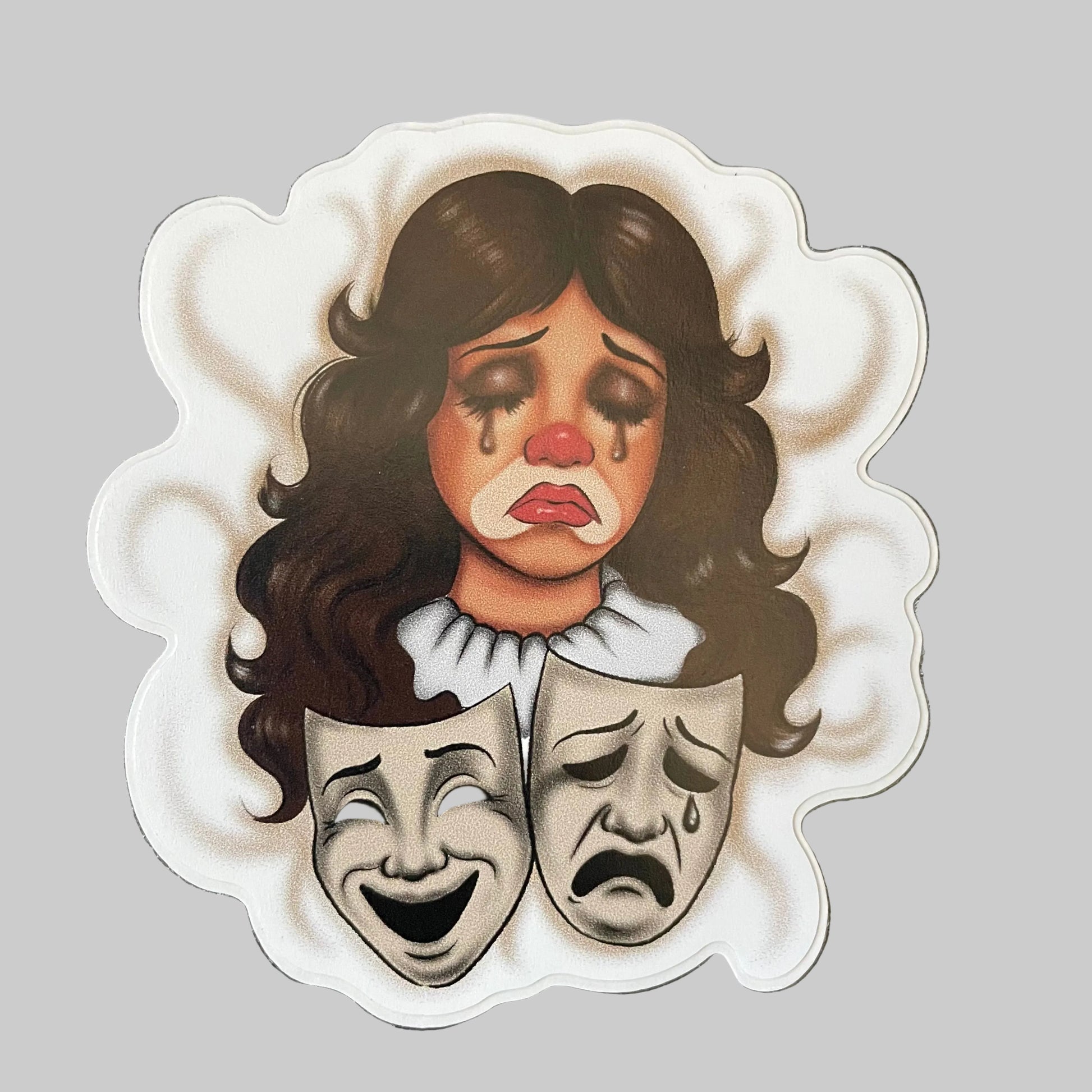 Sticker with a character with theatrical masks on a black background