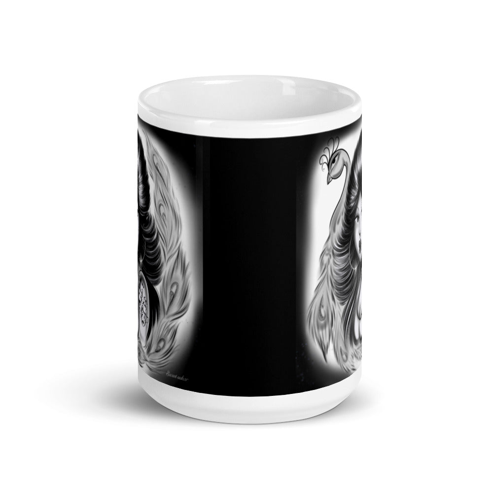 Peacock Queen White glossy mug